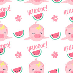 Vector seamless pattern with funny pigs. Pig background isolated on white.