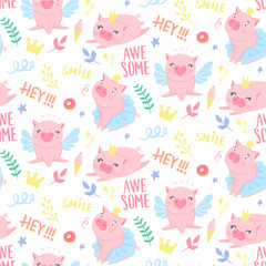 Vector seamless pattern with funny pigs. Pig background isolated on white.