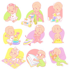 Set with cute little baby Toddler girl with different toys. Child's activities. Baby read, sleep, play, walk, sit on potty. One year girl, pink pajamas. Design for mom's blog. Vector illustration