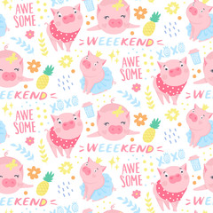 Obraz premium Vector seamless pattern with funny pigs. Pig background isolated on white.