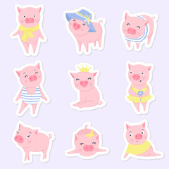Cute pink pigs vector set. Symbol of 2019 on the Chinese calendar.