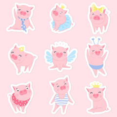 Cute pink pigs vector set. Symbol of 2019 on the Chinese calendar.