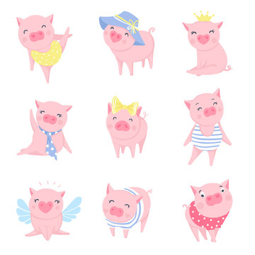 Cute pink pigs vector set. Symbol of 2019 on the Chinese calendar.