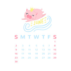Cartoon calendar 2019 with cute pigs. Chinese calendar. Pig illustration isolated on white.