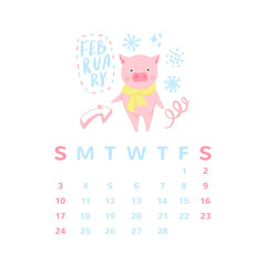 Cartoon calendar 2019 with cute pigs. Chinese calendar. Pig illustration isolated on white.