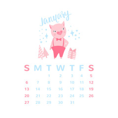 Cartoon calendar 2019 with cute pigs. Chinese calendar. Pig illustration isolated on white.