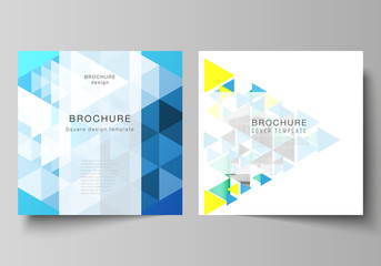 The minimal vector illustration of editable layout of two square format covers design templates for brochure, flyer, magazine. Blue color polygonal background with triangles, colorful mosaic pattern.