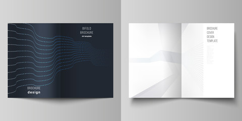 The vector illustration of the editable layout of two A4 format cover mockups design templates with geometric background made from dots, waves for bifold brochure, magazine, flyer, booklet, report.