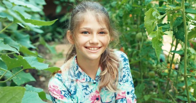 Portrait teenage girl harvesting cucumbers in the kitchen garden, smiling at camera