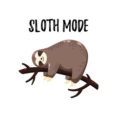 Cute vector illustration. Funny cartoon sloth hanging on a branch