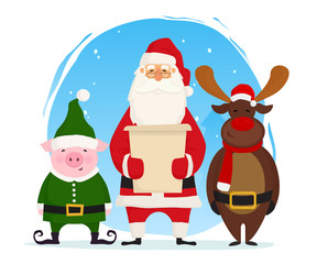 Christmas team. Cartoon Santa Claus, Christmas deer, pig dressed in elf costume. Vector illustration.