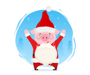 Funny pig dressed in Santa Claus costume with fake beard. Christmas illustration. Flat vector design.