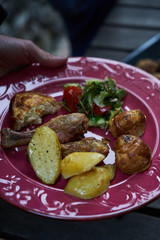 People at a party taking different food, outdoor. Catering buffet food table with baked potatoes, fried chicken legs, pasta and vegetable salad