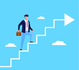 Successful man office worker character running upstairs to career stairs. Business strategy leader success business development start up concept. Vector flat cartoon graphic design illustration