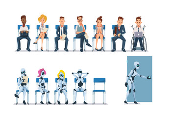 Job Interview Recruiting and Robots. Vector.