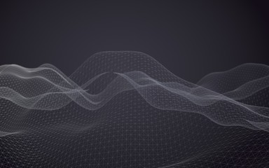 Abstract landscape background. Cyberspace green grid. Hi-tech network. 3D illustration