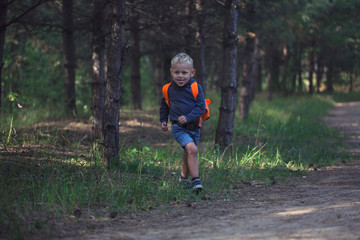 A happy little boy  runs along a forest path