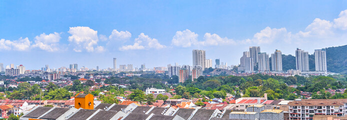 Georgetown city panoramic aerial view from Penang island, Malaysia