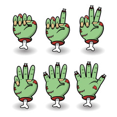 Severed zombie counting hand gesture set. Halloween counting hand sign from zero to five. Communication gestures concept. Vector illustration isolated on white background.