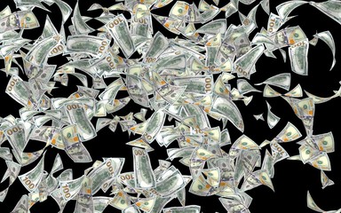 Flying dollars banknotes isolated on dark background. Money is flying in the air. 100 US banknotes new sample. Black and white style. 3D illustration