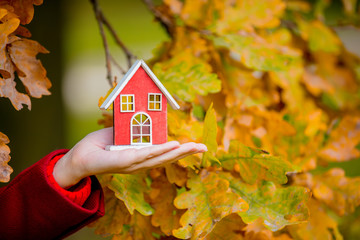 female hand holding house toy near oak branch in autumn season park