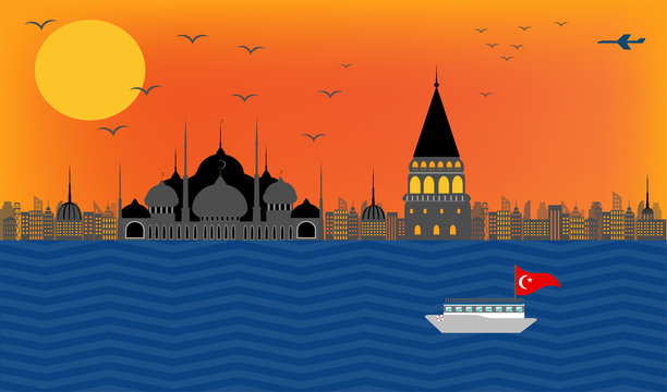 vector beautiful view of turkey embankment istanbul in blue mosque and galata tower