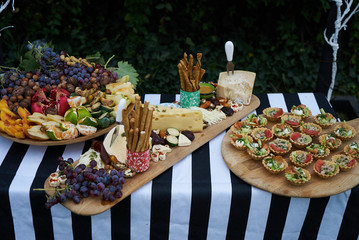 Salty and cheese bar of several kinds of cheese, grapes, olives, nuts and snacks. Table Food Lunch Variety Outdoors Party Decoration