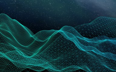 Abstract landscape on a dark background. Cyberspace grid. Hi-tech network. Outer space. Starry outer space texture. 3D illustration