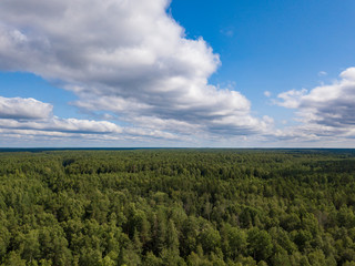 Fototapeta na wymiar Aerial view of green boundless forest and blue sky. Summer 2018, Russia.