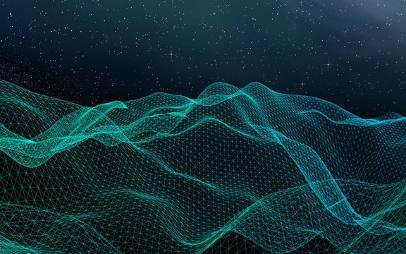 Abstract landscape on a dark background. Star horizon. Cyberspace grid. Hi-tech network. Outer space. Starry outer space texture. 3D illustration © Plastic man