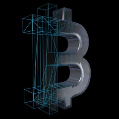 Bitcoin sign, blue grid goes to platinum or silver on a black background. 3D illustration