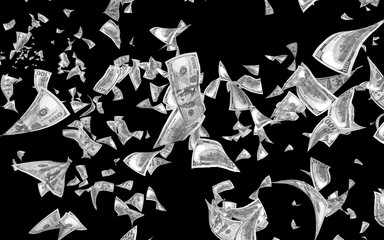 Flying dollars banknotes isolated on dark background. Money is flying in the air. 100 US banknotes new sample. Black and white style. 3D illustration