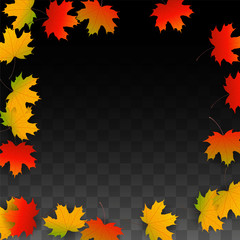 September Vector Background with Golden Falling Leaves. Autumn Illustration with Maple Red, Orange, Yellow Foliage. Isolated Leaf on Transparent Background. Bright Swirl. Suitable for Posters.