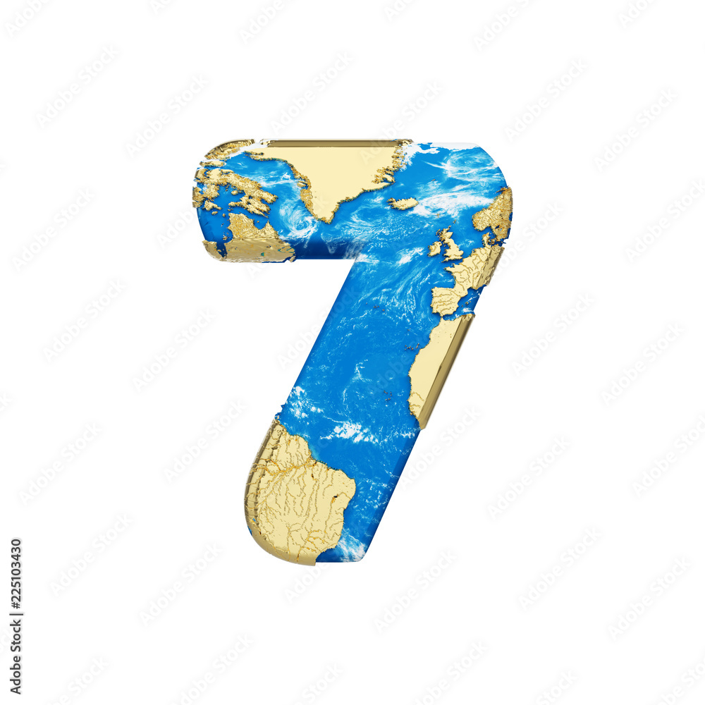 Poster world earth globe alphabet number 7. global worldwide font with nasa map. 3d render isolated on whit