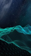 Star horizon. Abstract landscape on a dark background. Cyberspace grid. Hi-tech network. Outer space. Starry outer space texture. 3D illustration