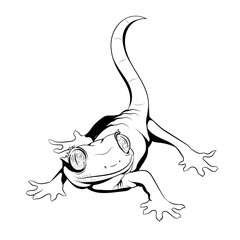 Naklejka premium Mała jaszczurka domowa - gekon. Znany również jako gekko, gekkon. Szczegółowy realistyczny rysunek odręczny. Czarno-biały stylizowany obraz binarny monochromatyczny. Dobry do projektowania koszulek.