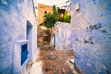Hammamet Medina streets with blue walls, decor and elements. Tunis, north Africa.