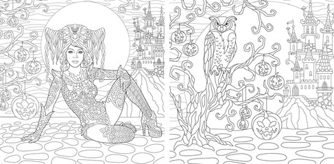 Halloween coloring pages with witch girl, owl and horror spooky castle