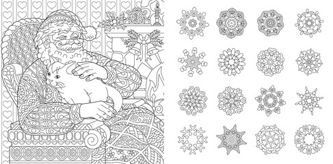 Xmas coloring pages with Santa Claus and snowflakes set