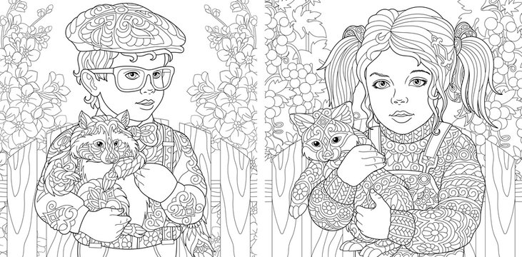 Coloring pages with boy and girl embracing furry animals