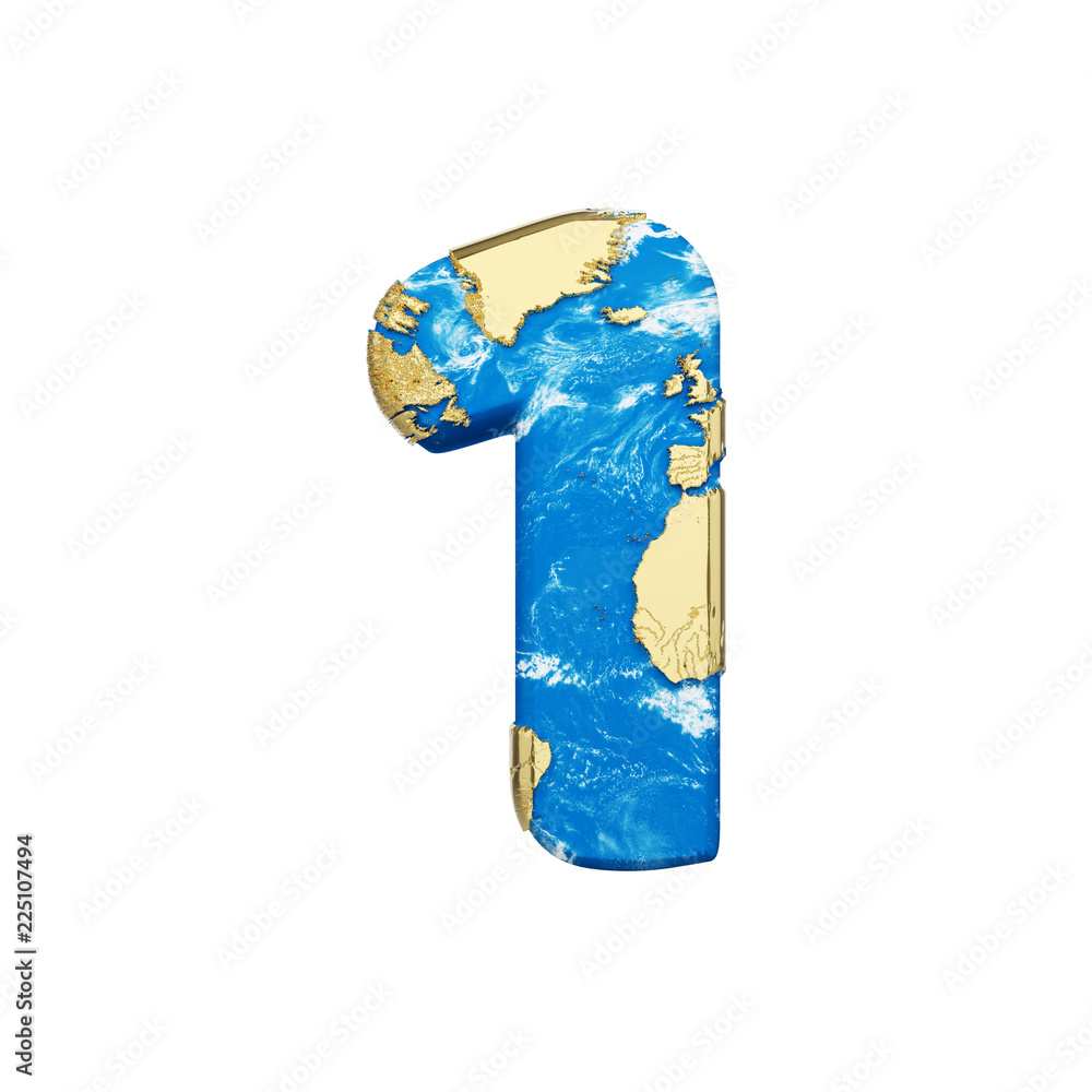 Poster world earth globe alphabet number 1. global worldwide font with nasa map. 3d render isolated on whit