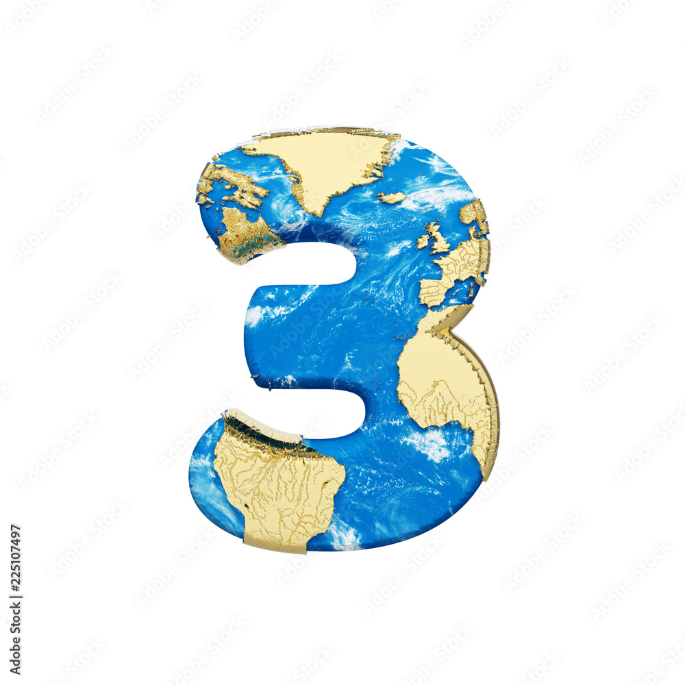Poster world earth globe alphabet number 3. global worldwide font with nasa map. 3d render isolated on whit