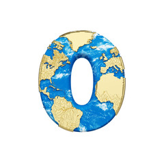 World earth globe alphabet number 0. Global worldwide font with NASA map. 3D render isolated on white background.