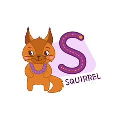 Vector cute kids animal alphabet. Letter S. Cute cartoon squirrel.
