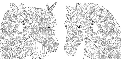 Fantasy coloring pages with pretty girls, horse, magic unicorn