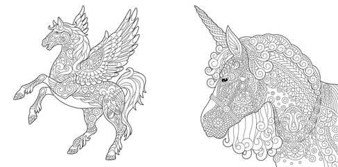 Coloring pages with fairytale unicorn and pegasus © Sybirko