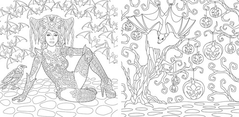 Fototapeta na wymiar Halloween coloring pages with witch girl and flying bats