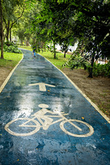 Obraz premium Bicycle sign on wet park road