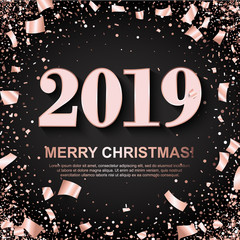 Merry Christmas Banner with shiny Rose 2019 Numbers on black Background with scattered geometric and foil paper Confetti. Vector illustration. All isolated and layered