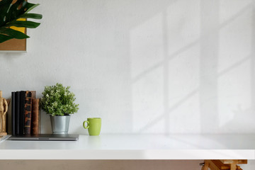 Loft workspace and copy space, Laptop, plant, and vintage books on desk.